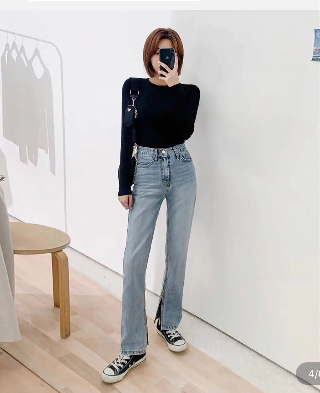 Chic High Rise Straight Leg Jeans with Slit