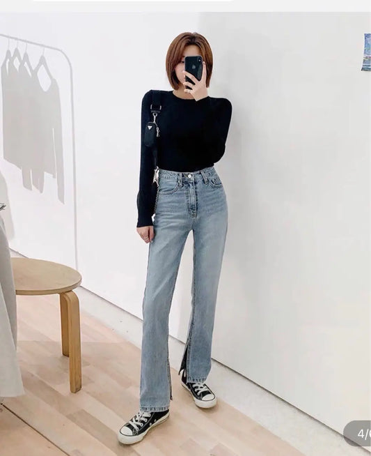 Chic High Rise Straight Leg Jeans with Slit