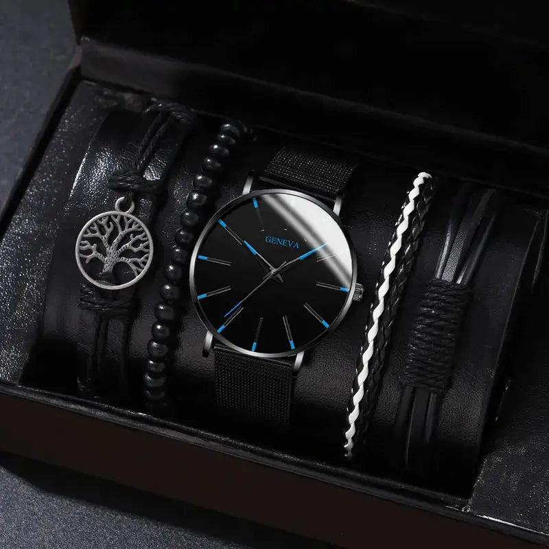 Men's Stylish Minimalist Quartz Watch with Beaded Bracelet