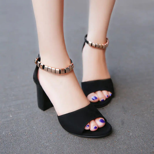 Korean Style Thick Heel Women's One Word Buckle Sandals