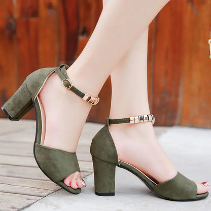Korean Style Thick Heel Women's One Word Buckle Sandals