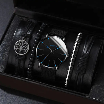 Men's Stylish Minimalist Quartz Watch with Beaded Bracelet