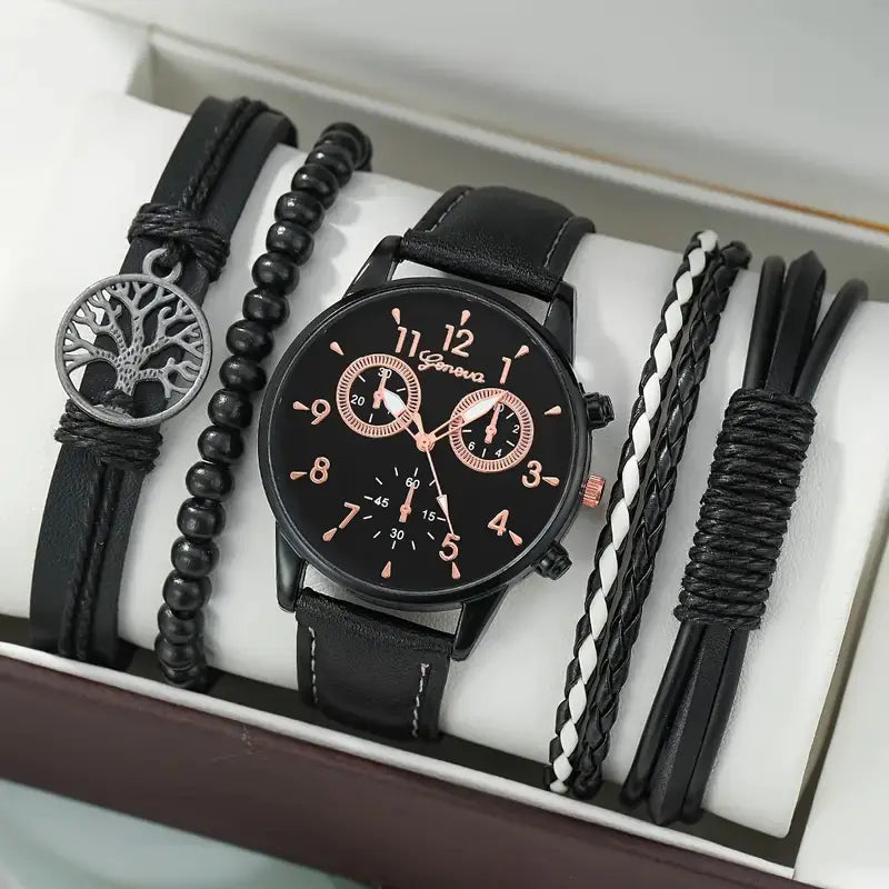Men's Stylish Minimalist Quartz Watch with Beaded Bracelet