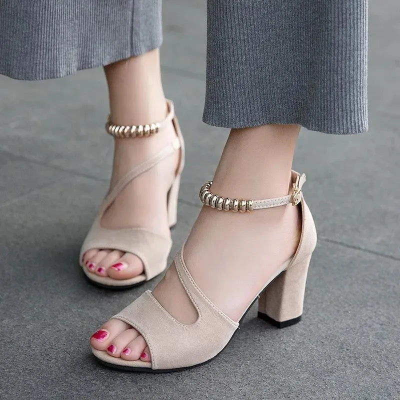 Fashion Women's Sandals with Thick Mid-Heel Buckle