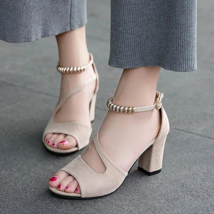 Fashion Women's Sandals with Thick Mid-Heel Buckle