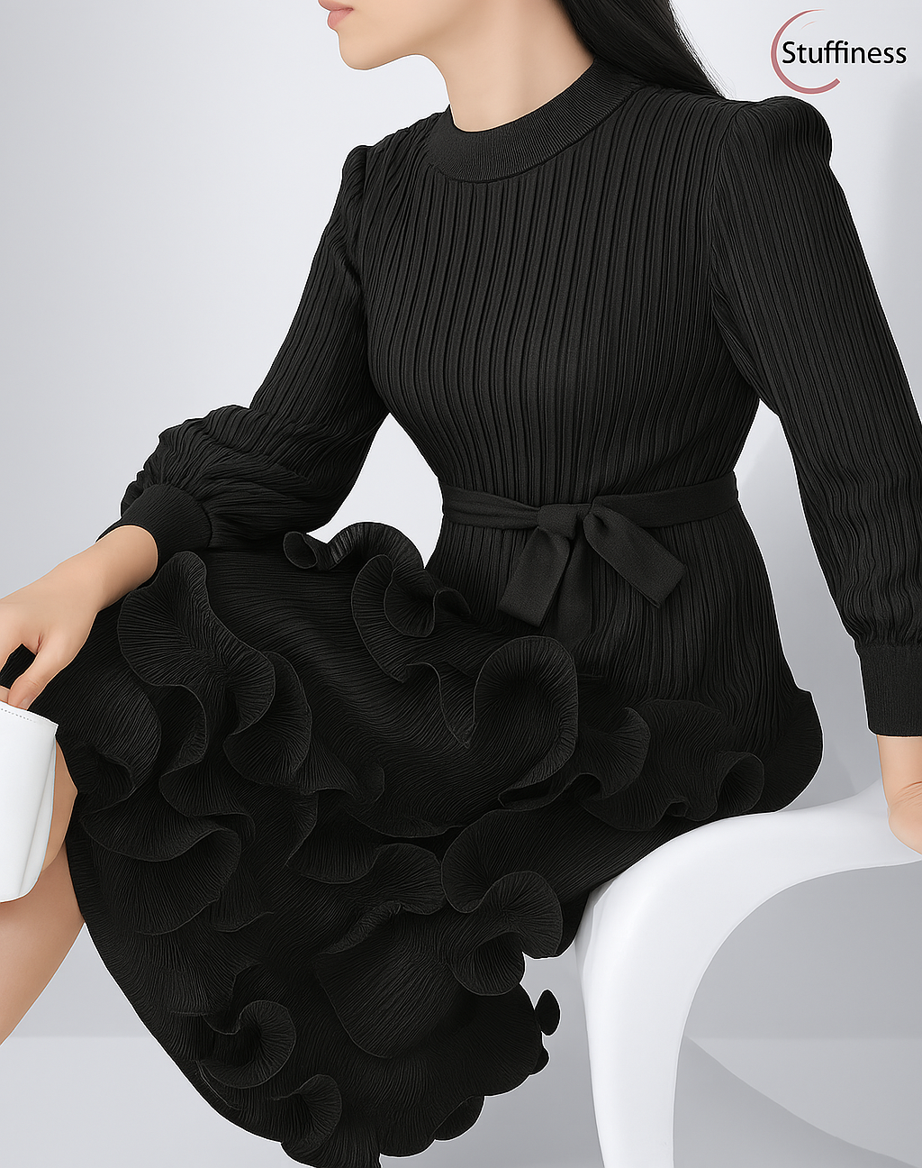 Elegant Pleated Belt Dress with Puff Sleeves