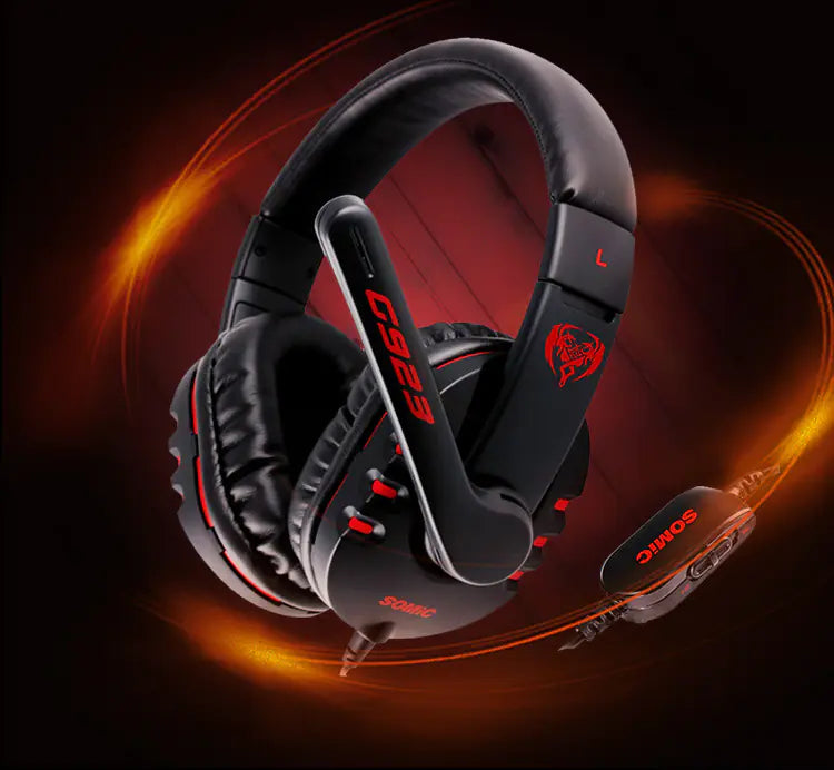 Black gaming headset with red accents on a dark background