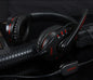 Black headphones with red accents on a dark background