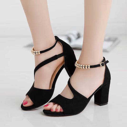 Fashion Women's Sandals with Thick Mid-Heel Buckle