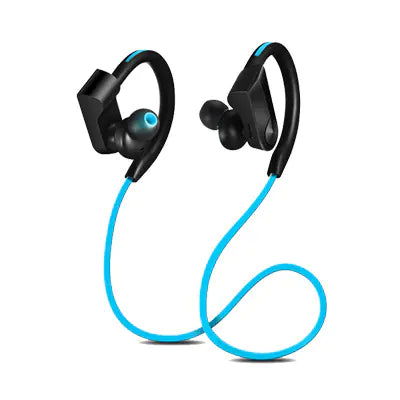 Black wireless earbuds with blue cables on a white background