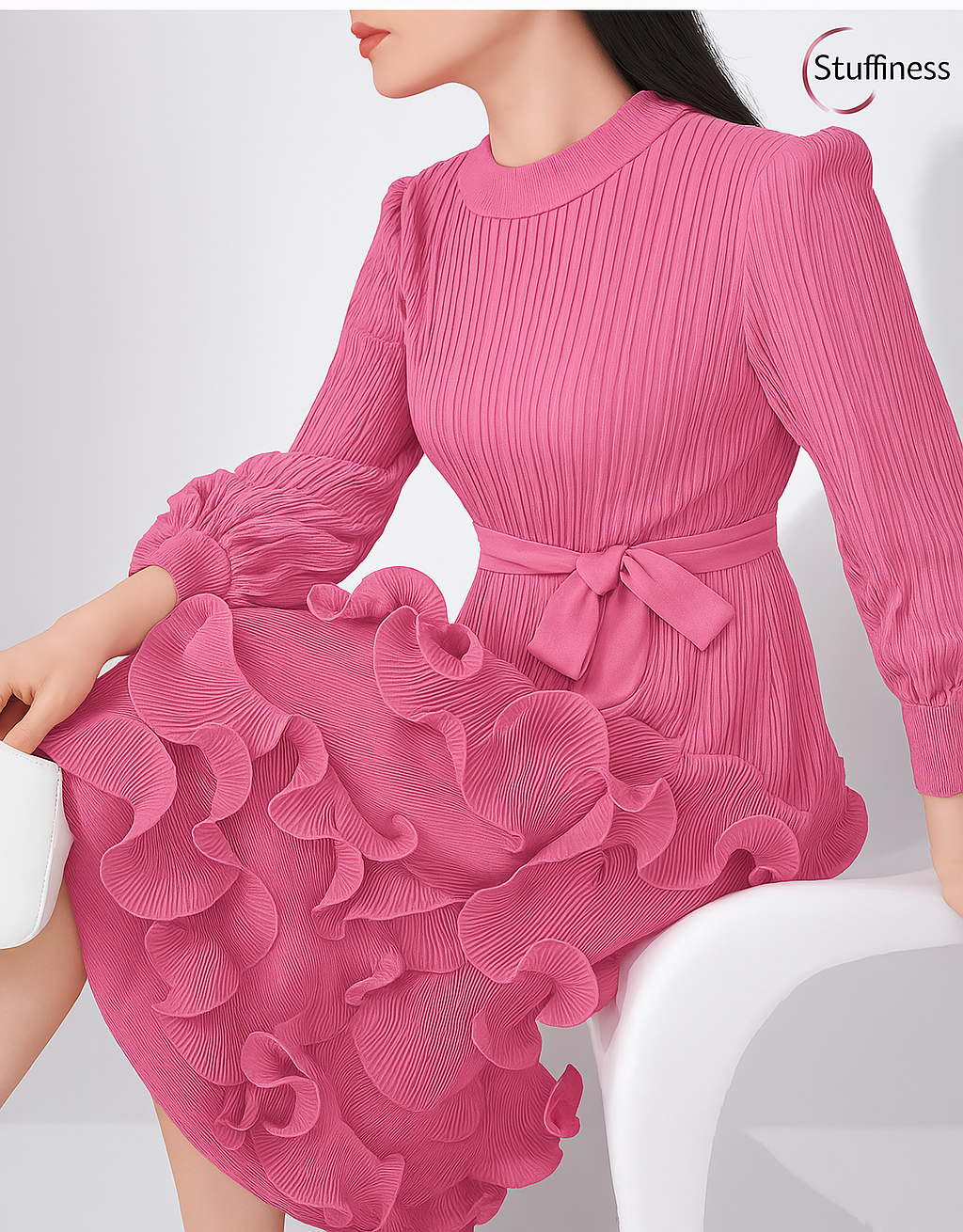 Elegant Pleated Belt Dress with Puff Sleeves