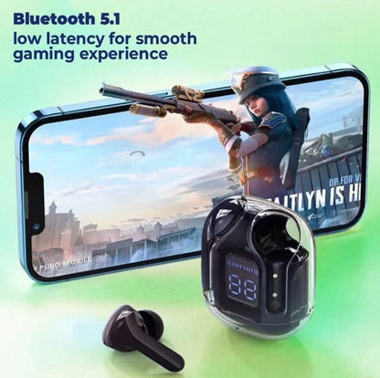 Bluetooth earbuds with smartphone displaying gaming app on a green background