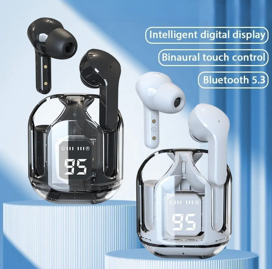 Wireless earbuds with charging case on a blue gradient background
