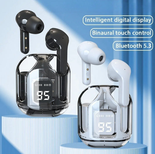 Wireless earbuds with charging case on a blue gradient background