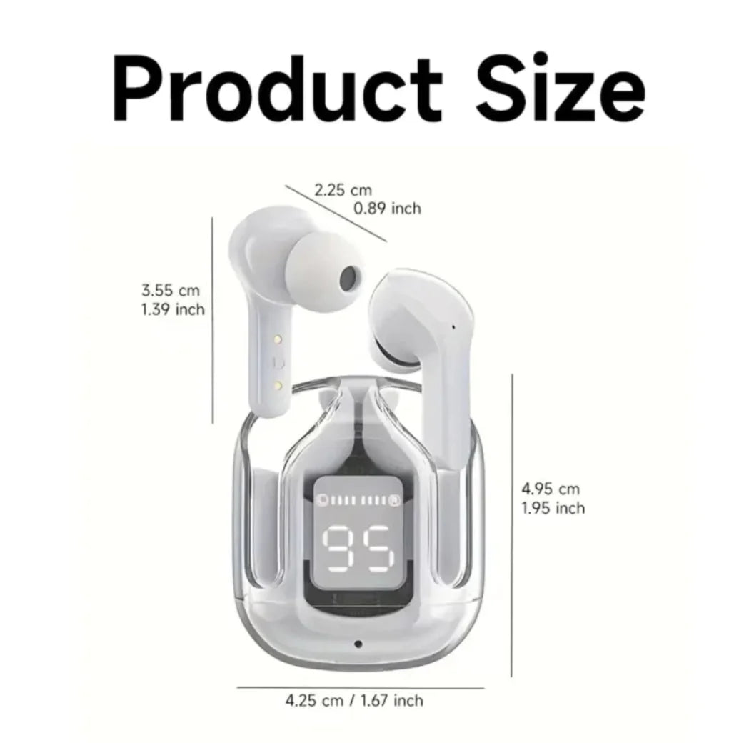 Measurement chart of wireless earbuds and charging case with dimensions labeled.