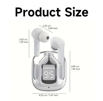 Measurement chart of wireless earbuds and charging case with dimensions labeled.