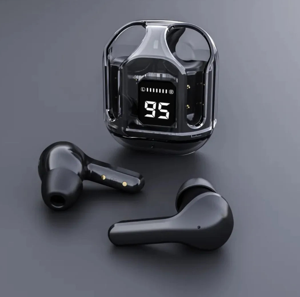 Black wireless earbuds with charging case on a dark gray background