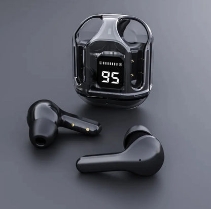 Black wireless earbuds with charging case on a dark gray background