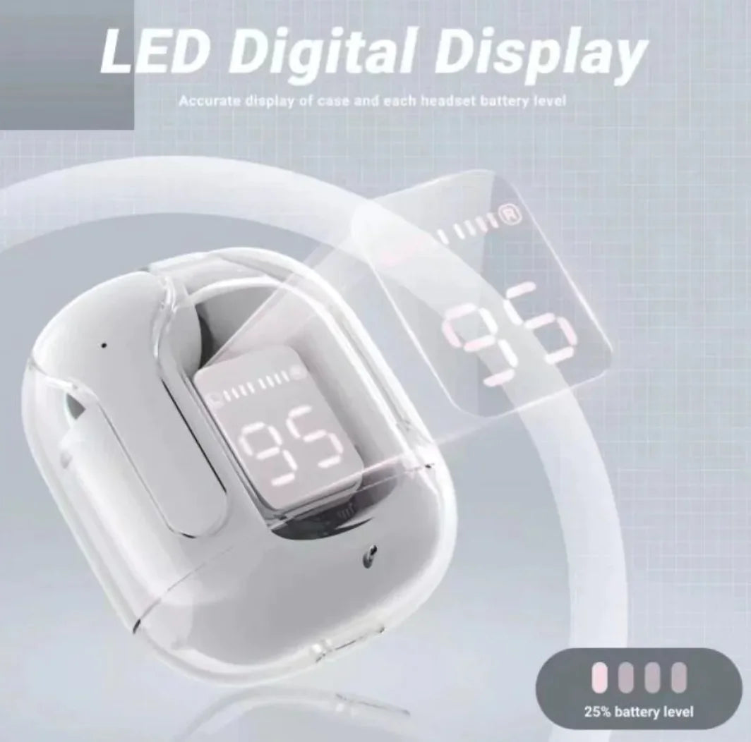 Wireless earbuds with LED digital display showing battery level on a light gray background