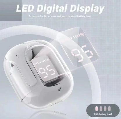Wireless earbuds with LED digital display showing battery level on a light gray background
