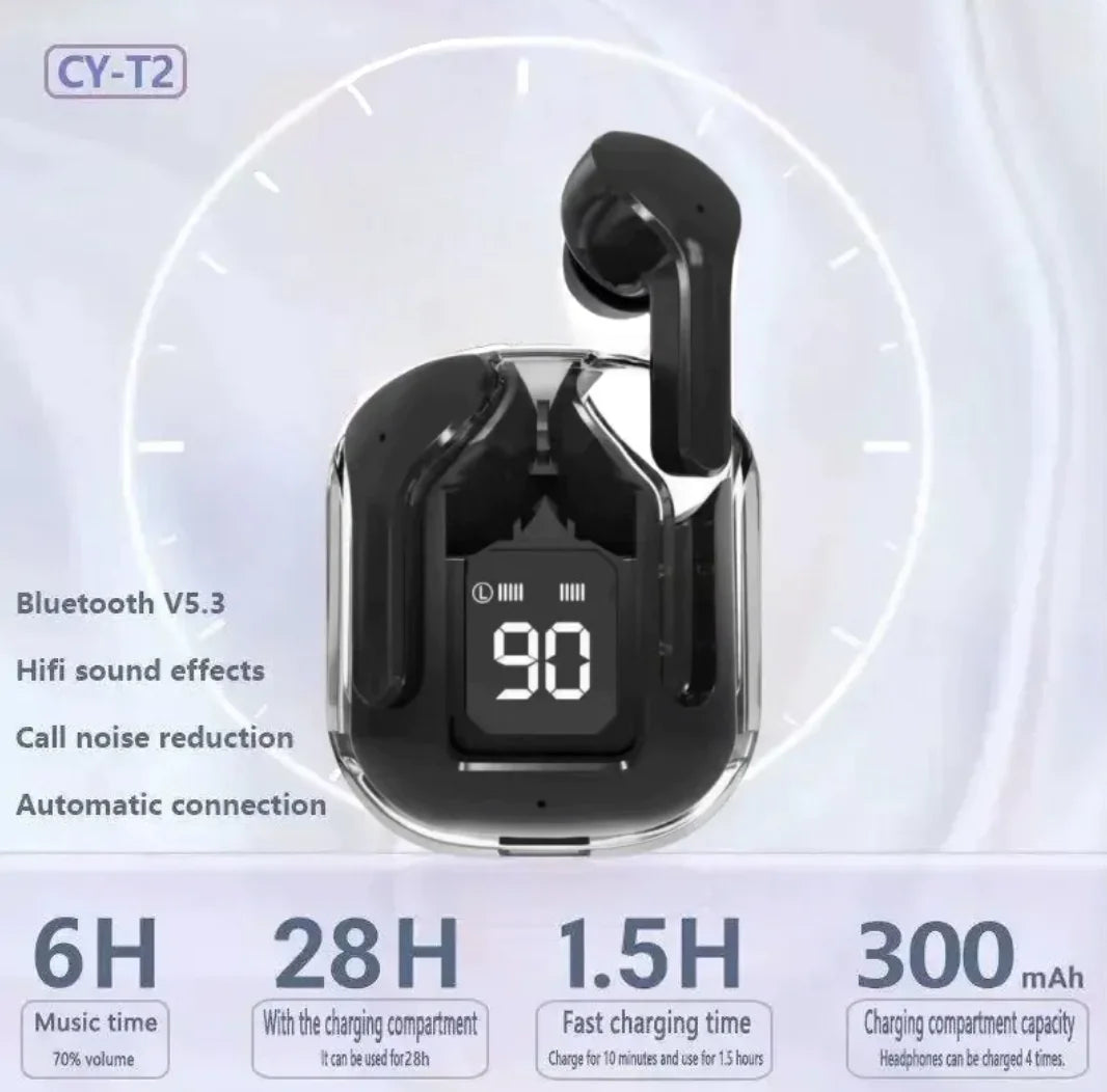 Black wireless earbuds with charging case on a white background, displaying features and specifications.