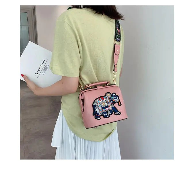 Embroidered Elephant Crossbody Bag