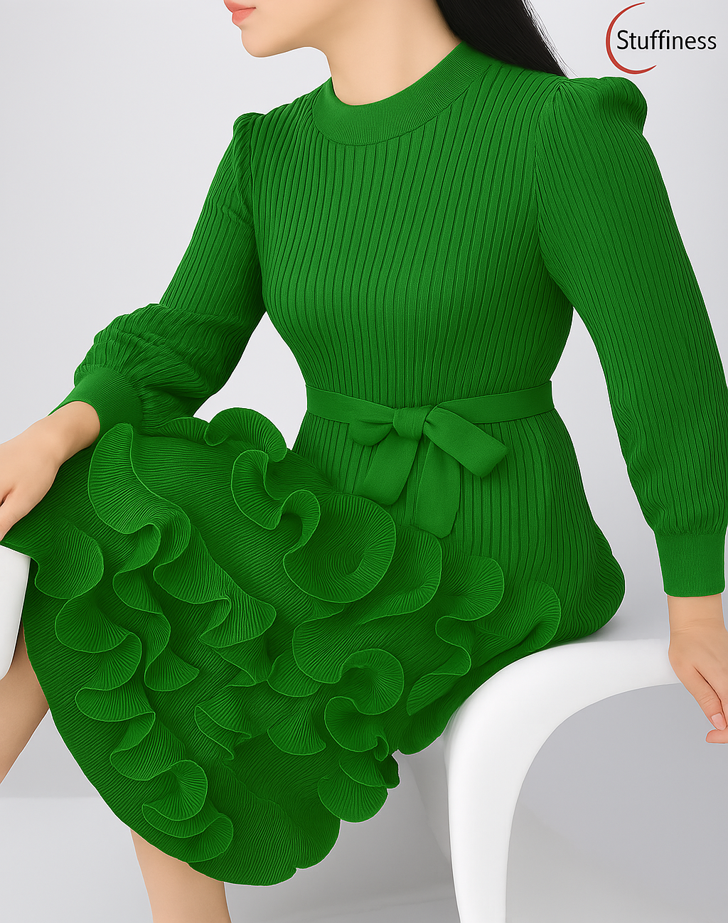 Elegant Pleated Belt Dress with Puff Sleeves