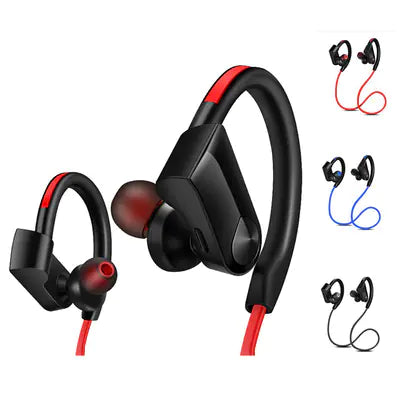 Black and red wireless earbuds with additional color options on a white background