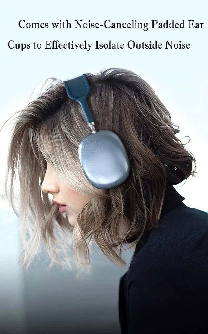 Person wearing headphones with text about noise-canceling ear cups