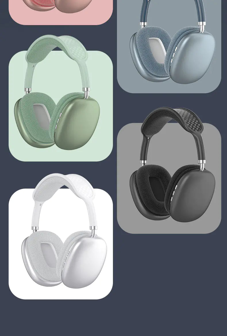 Collage of four pairs of headphones in different colors on a dark background