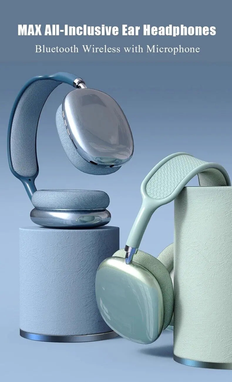 Bluetooth wireless ear headphones with microphone on a blue background