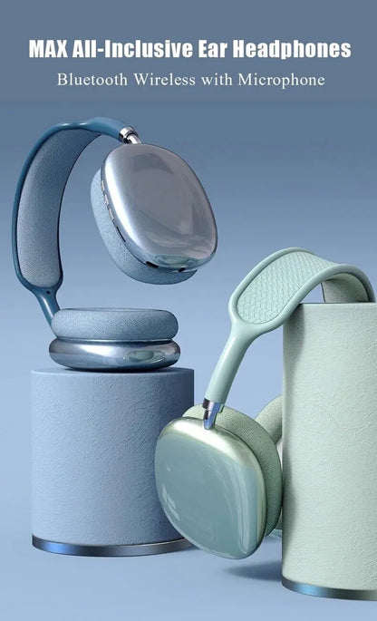 Bluetooth wireless ear headphones with microphone on a blue background