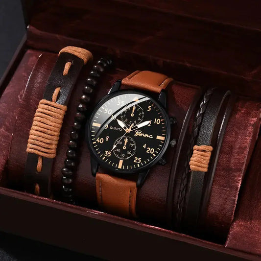Men's Stylish Minimalist Quartz Watch with Beaded Bracelet
