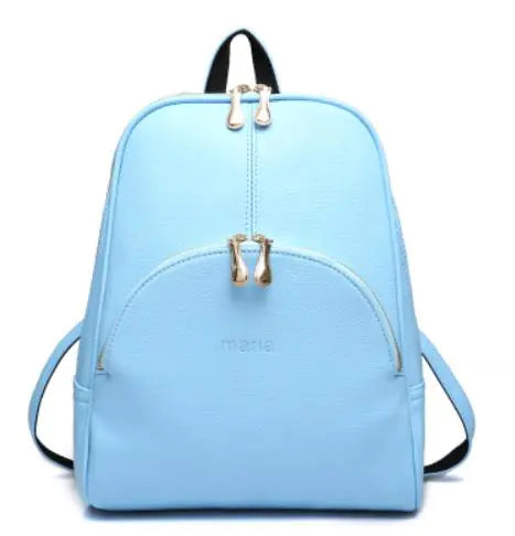Light blue baNevenka Chic Leather Backpackckpack with gold accents on a white background