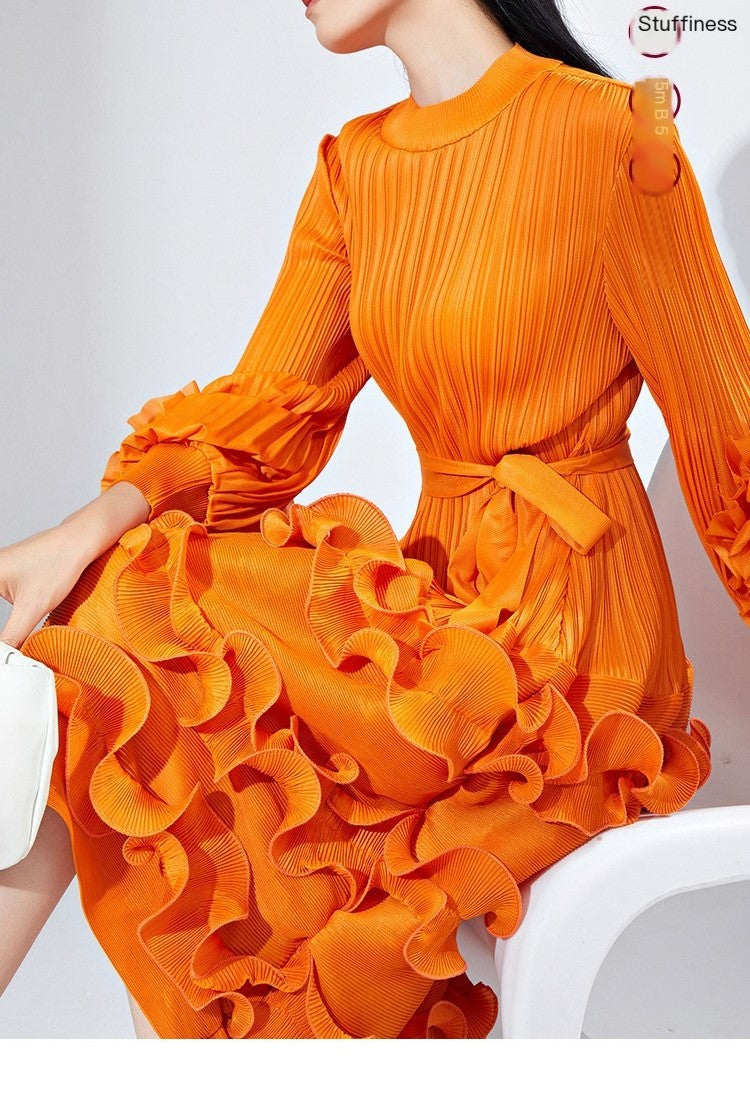 Elegant Pleated Belt Dress with Puff Sleeves