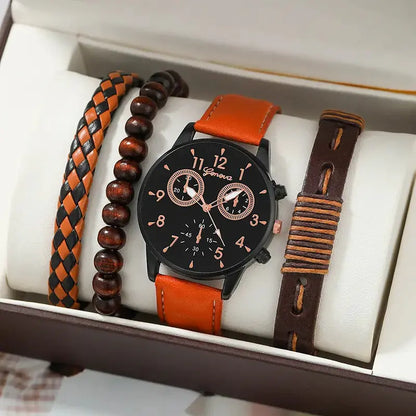 Watch with orange strap and wooden beaded bracelet in a box