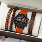 Watch with orange strap and wooden beaded bracelet in a box