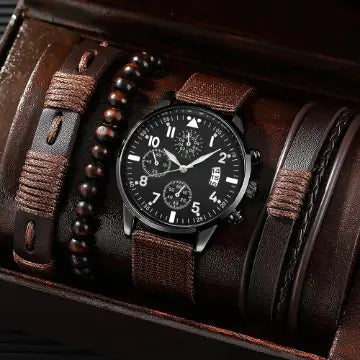 Black wristwatch with brown leather strap and beads in a wooden box
