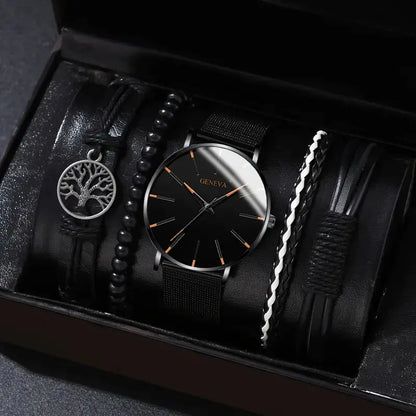 Black watch with accessories in a box, featuring the brand 'Geneva'.