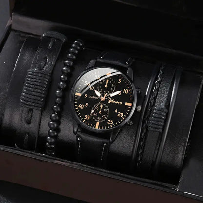 Black watch with detailed face and bracelet in a black box