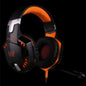 Black and orange gaming headset with microphone on a black background