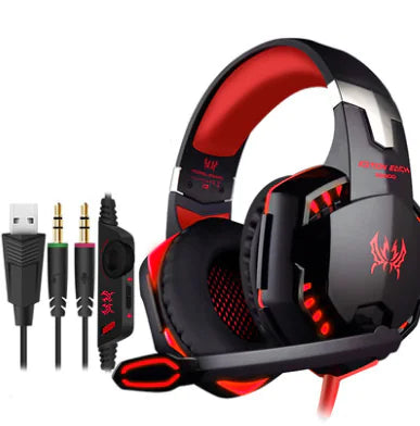 Black and red gaming headset with cables on a white background