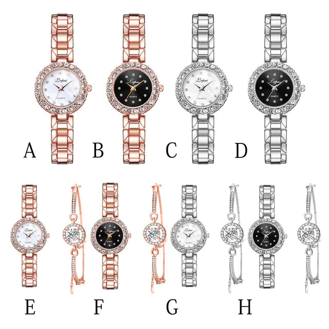 Set of eight women's watches with different band colors and designs on a white background.