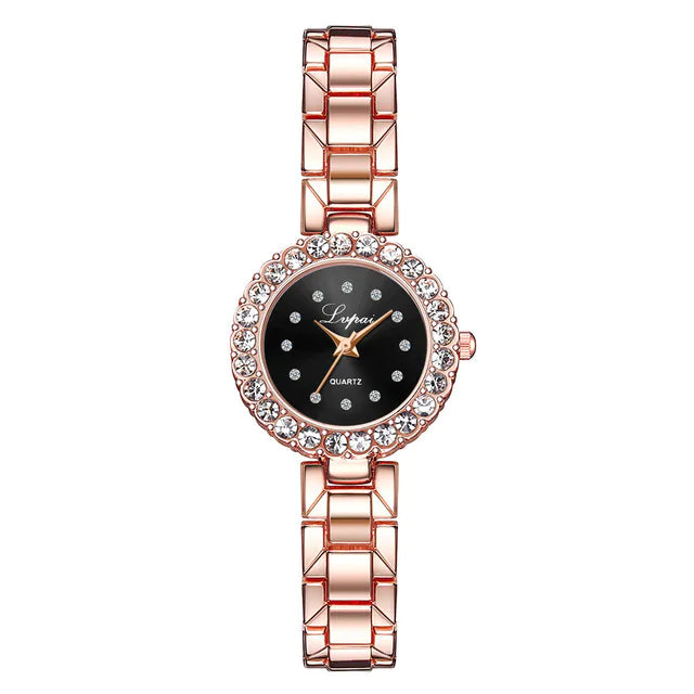 Rose gold watch with black dial on a white background