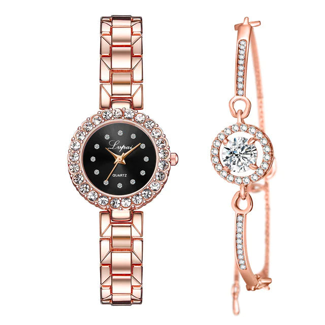 Rose gold watch and bracelet set on a white background