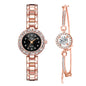 Rose gold watch and bracelet set on a white background