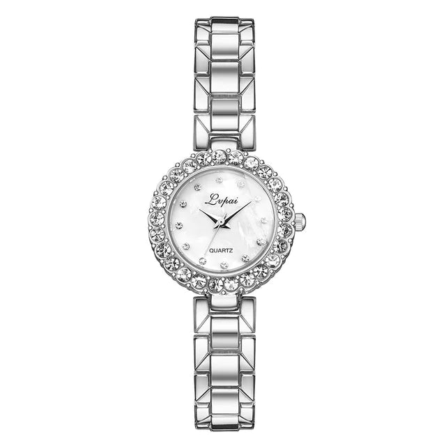 Silver watch with a decorative band on a white background