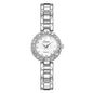 Silver watch with a decorative band on a white background