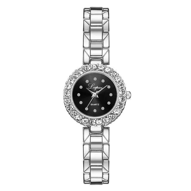 Silver watch with black face on a white background