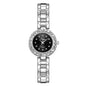 Silver watch with black face on a white background